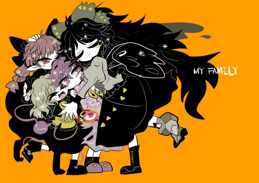 4girls :d animal_ears asymmetrical_footwear black_footwear black_hair black_hairband black_legwear black_skirt black_wings blouse blush_stickers boots bow braid cat_ears closed_mouth commentary english_text extra_ears closed_eyes fang feathered_wings green_bow green_hair green_shirt group_hug hair_between_eyes hair_bow hairband height_difference hug kaenbyou_rin komeiji_koishi komeiji_satori leaning_back leaning_forward long_sleeves looking_at_another medium_hair multiple_girls no_headwear no_headwear one_eye_closed open_mouth orange_background pink_shirt pink_skirt pointy_ears ponytail puffy_short_sleeves puffy_sleeves purple_eyes purple_footwear purple_hair red_eyes red_hair reiuji_utsuho shirt short_hair short_sleeves simple_background skin_fang skirt slippers smile socks standing standing_on_one_leg third_eye touhou twin_braids wings yellow_shirt yt_(wai-tei)