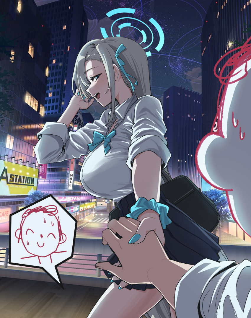 1boy 1girl absurdres asuna_(blue_archive) asuna_(school_uniform)_(blue_archive) bag black_bag blue_archive blue_bow blue_bowtie blue_eyes blue_halo blue_nails blue_ribbon blue_skirt bow bowtie breasts bridge building city_lights cloud collared_shirt commentary_request cowboy_shot crosswalk doodle_sensei_(blue_archive) english_text fingernails from_side grey_hair hair_ribbon halo hand_up highres holding_hands huge_breasts korean_commentary long_hair long_sleeves miniskirt nail_polish night night_sky open_mouth outdoors pedestrian_bridge pleated_skirt ribbon road roan_green school_bag school_uniform sensei_(blue_archive) shirt shirt_tucked_in sideways_mouth sign skirt sky skyscraper sleeves_rolled_up smile speech_bubble spoken_character star_(sky) starry_sky street teeth tree upper_teeth_only very_long_hair walking white_shirt wing_collar