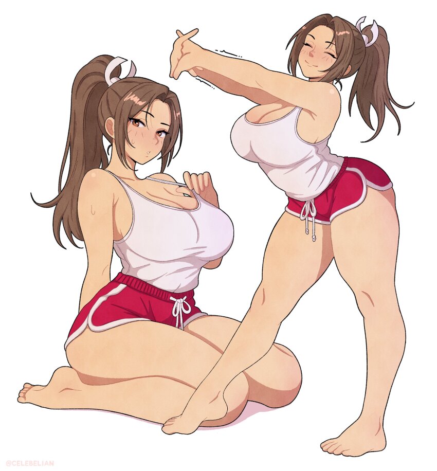1girl absurdres breasts brown_eyes brown_hair celebelian cleavage closed_eyes dolphin_shorts fatal_fury highres large_breasts long_hair looking_at_viewer official_alternate_costume ponytail red_shorts shiranui_mai shorts simple_background solo street_fighter street_fighter_6 stretching tank_top thighs white_tank_top