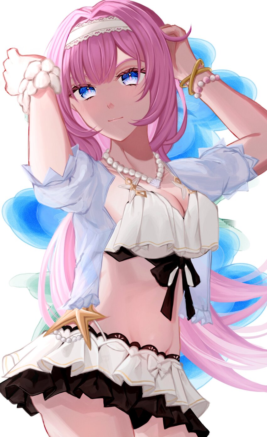 1girl absurdres bikini bikini_skirt blue_eyes blue_jacket bracelet breasts closed_mouth commentary cowboy_shot elysia_(honkai_impact) elysia_(miss_pink_elf)_(honkai_impact) elysia_(summer_miss_elf)_(honkai_impact) hairband highres honkai_(series) honkai_impact_3rd jacket jewelry large_breasts long_hair navel necklace official_alternate_costume pearl_necklace pink_hair shell shell_necklace solo stomach swimsuit symbol-only_commentary thighs uzuc4g0 very_long_hair white_bikini white_hairband