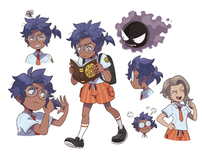 2girls :t aged_down backpack bag black_footwear book braces closed_mouth commentary dark-skinned_female dark_skin earrings gastly gen_1_pokemon glasses hair_tie highres holding holding_book jewelry kiana_mai logo messy_hair multiple_girls necktie nintendo orange_necktie orange_shorts pokemon pokemon_(creature) pokemon_sv raifort_(pokemon) reading round_eyewear sada_(pokemon) shirt shoes short_hair short_sleeves shorts socks squiggle white_socks
