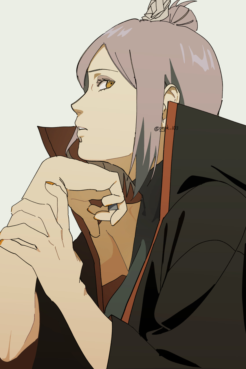 1girl absurdres akatsuki_uniform eyelashes eyeliner from_side highres konan_(naruto) looking_at_viewer makeup naruto_(series) naruto_shippuuden ninja orange_eyes parted_lips pnpk_1013 short_hair solo twitter_username upper_body white_background wide_sleeves
