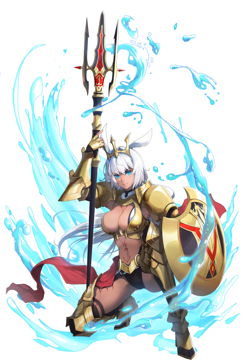 1girl absurdres animal_ears armor bikini black_bikini black_thighhighs blue_eyes body_markings breasts caenis_(fate) caenis_(third_ascension)_(fate) cape cleavage dark-skinned_female dark_skin elbow_gloves fate/grand_order fate_(series) faulds gloves gold_armor gold_gloves grey_background hair_intakes headpiece highleg highleg_bikini highres large_breasts long_hair looking_at_viewer navel parted_lips pauldrons polearm ponytail red_cape shield shoulder_armor solo spear swimsuit tattoo thigh_gap thighhighs user_grsd2825 waist_cape water water_drop weapon white_background white_hair
