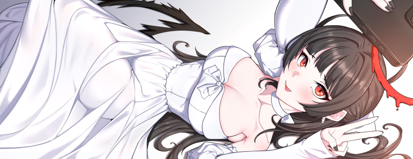 1girl absurdres black_hair black_nails blood blood_halo blue_archive breasts choker cleavage dress h.kai halo hand_up highres large_breasts liquid_halo long_hair looking_at_viewer low_wings official_alternate_costume red_eyes solo tsurugi_(blue_archive) tsurugi_(dress)_(blue_archive) v white_choker white_dress wings