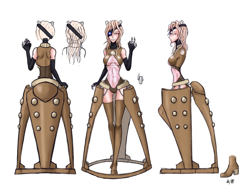 1girl bodysuit broken_torpedo dalek dalek_emperor doctor_who eyepatch highres long_hair personification see-through_clothes simple_background teeth thighhighs