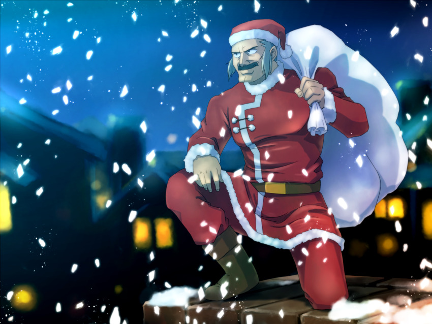 1boy blurry blurry_background boots christmas facial_hair g_gundam gundam hand_on_own_knee hat holding holding_sack long_sleeves looking_afar master_asia migo mustache night sack santa_costume santa_hat snow snowing