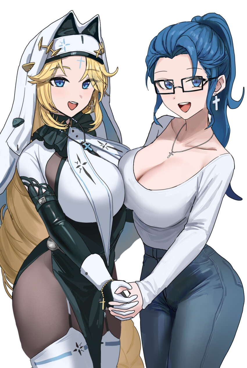 2girls blue_eyes blue_hair breasts cleavage cross cross_earrings earrings goddess_of_victory:_nikke highres holding_hands jewelry large_breasts multiple_girls open_mouth original rapunzel_(nikke) rapunzel_(pure_grace)_(nikke) simple_background skrillex_li smile white_background