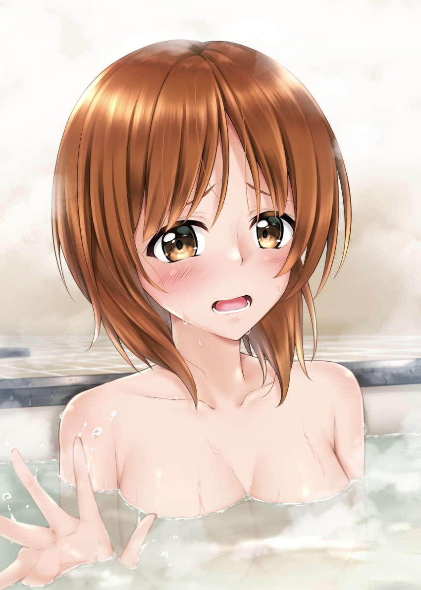 1girl bath bathing blush breasts brown_eyes brown_hair commentary_request frown girls_und_panzer highres looking_at_viewer medium_breasts mini_dang01 nishizumi_miho nude open_mouth partial_commentary short_hair solo steam water wet