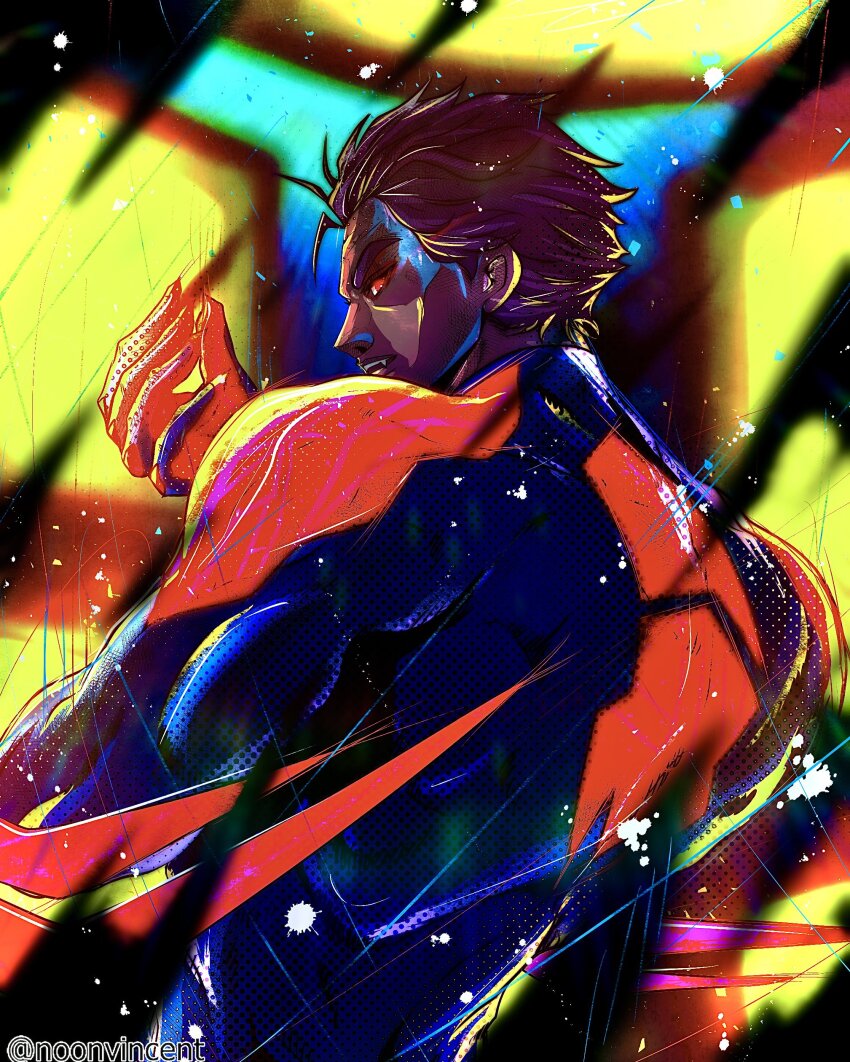 1boy absurdres arm_blade blue_bodysuit bodysuit brown_hair cheekbones clawed_gauntlets commentary dark-skinned_male dark_skin dio_brando&#039;s_pose_(jojo) english_commentary from_behind hair_slicked_back highres jojo_pose looking_back male_focus marvel mature_male miguel_o&#039;hara muscular muscular_male noonvincent pectorals red_bodysuit red_eyes short_hair skin_tight solo spider-man:_across_the_spider-verse spider-man_(2099) spider-man_(series) spider-verse thick_eyebrows two-tone_bodysuit upper_body weapon