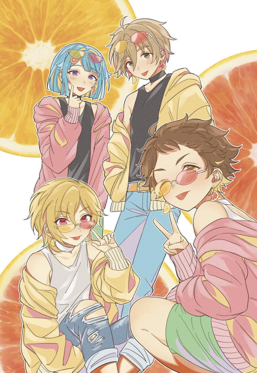 4boys :p akari-chan_(e) bishounen choker denim ensemble_stars! eyewear_on_head film_grain food fruit fruit_background fruit_earrings highres hood hood_down hoodie jeans male_focus mashiro_tomoya multiple_boys nito_nazuna off_shoulder orange_(fruit) orange_slice outline pants rabbits_(ensemble_stars!) shino_hajime tenma_mitsuru tongue tongue_out torn_clothes torn_jeans torn_pants two-tone_eyewear white_background white_outline