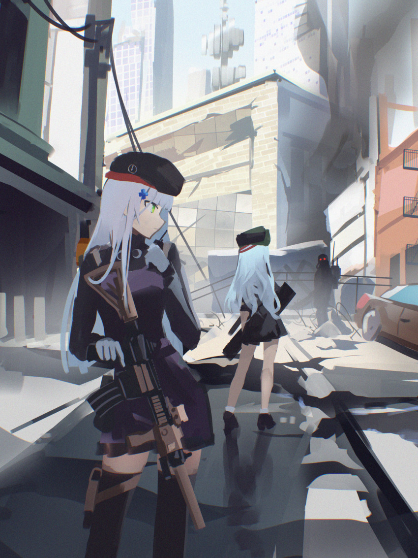 1other 2girls assault_rifle beret black_footwear black_headwear black_thighhighs blue_hair building bullpup car caseless_firearm city closed_mouth commentary contrapposto danraz0r english_commentary facing_away fire_escape g11_(girls&#039;_frontline) girls&#039;_frontline gloves green_eyes grey_hair gun h&amp;k_g11 h&amp;k_hk416 hat highres hk416_(girls&#039;_frontline) holding holding_gun holding_radio holding_weapon holster light_blue_hair long_hair long_sleeves looking_to_the_side military motor_vehicle multiple_girls outdoors paid_reward_available power_lines profile radio_antenna red_eyes rifle road ruins sketch_background skirt standing street suppressor thigh_holster thighhighs trigger_discipline utility_pole weapon white_gloves wide_shot zettai_ryouiki