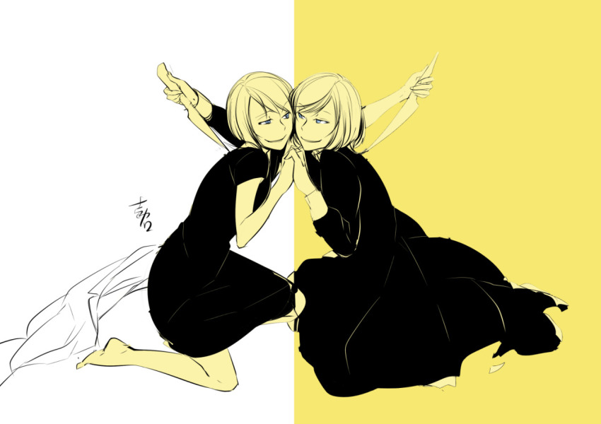1boy 1girl barefoot barisol_no_kodomo_wa_hitorikko_(vocaloid) behemo_barisol black_dress blue_eyes brother_and_sister crossdressing dress evil_smile evillious_nendaiki ichi_ka interlocked_fingers kagamine_len kagamine_rin knife lab_coat levia_barisol long_dress long_sleeves monochrome short_dress short_hair short_sleeves siblings simple_background sketch smile trap twins vocaloid weapon