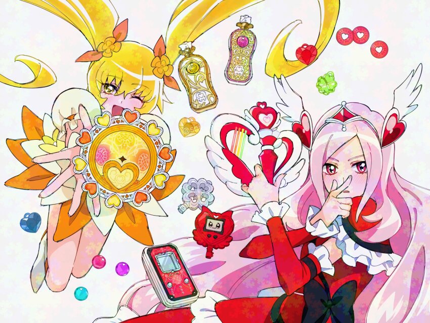 2girls blonde_hair blunt_bangs blush bottle buttons cellphone clover coin cure_passion cure_sunshine diamond-shaped_brooch diamond_button dress eas_(fresh_precure!) four-leaf_clover fresh_precure! frilled_dress frilled_skirt frilled_sleeves frills gloves hair_ornament hair_ribbon hair_wings heart heartcatch_precure! higashi_setsuna high_heels highres holding holding_weapon in-franchise_crossover instrument key long_hair looking_at_viewer merchandise multiple_girls myoudouin_itsuki parted_bangs perfume_bottle phone pink_hair pointing pointing_up precure red_eyes ribbon shiny_tambourine_(heartcatch_precure!) shirako_love skirt tambourine transformation twintails very_long_hair weapon