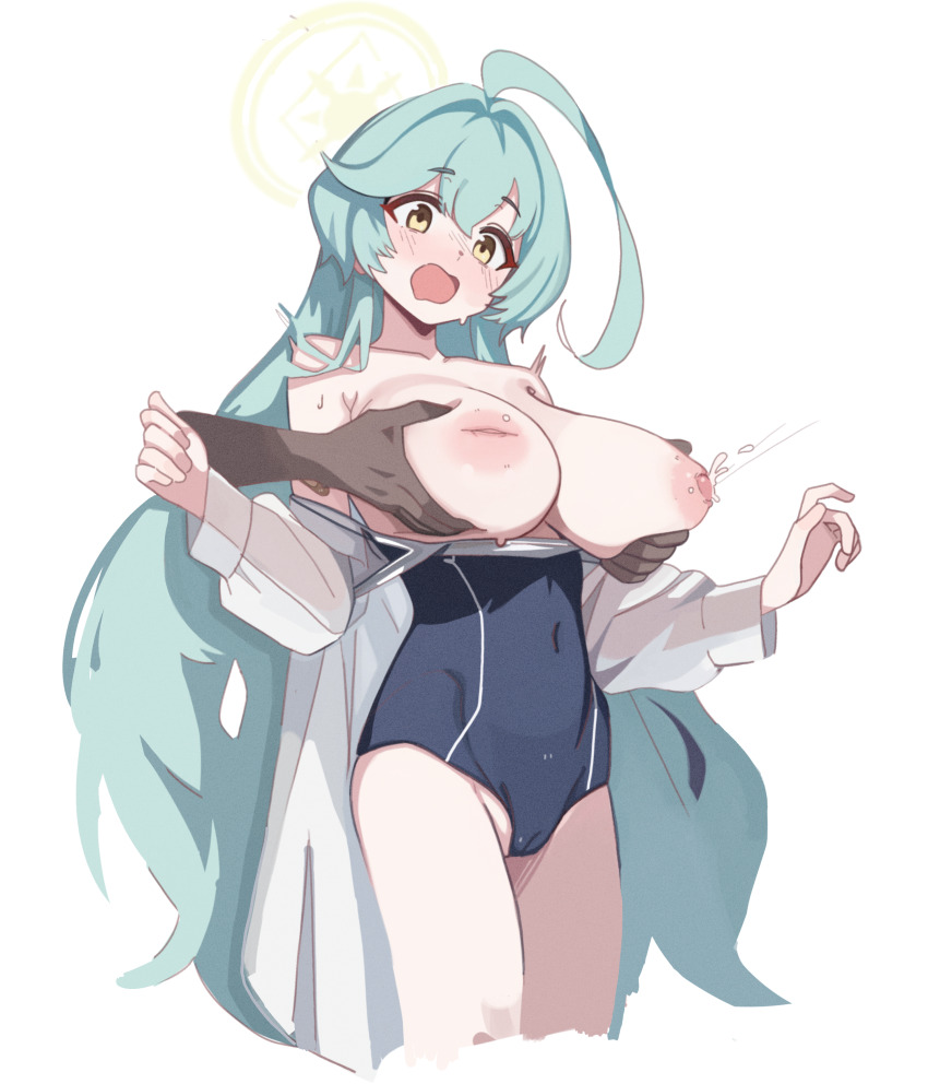1boy 1girl absurdres abydos_high_school_swimsuit ahoge aqua_hair black_one-piece_swimsuit blue_archive blush breasts cameltoe clothes_pull commentary_request covered_navel disembodied_hand grabbing_another&#039;s_breast grabbing_from_behind groping hair_between_eyes hair_intakes halo hetero highres huge_ahoge inverted_nipples lactation large_breasts long_hair long_sleeves nipples nose_blush off_shoulder one-piece_swimsuit one-piece_swimsuit_pull open_clothes open_mouth open_shirt rehu_(astd5787) school_swimsuit shirt simple_background solo_focus swimsuit thighs trembling white_background white_shirt yellow_eyes yellow_halo yume_(blue_archive)