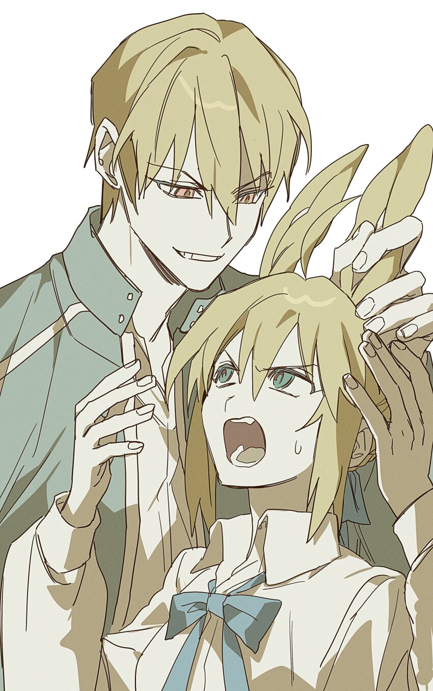 0304rong0304 1boy 1girl absurdres animal_ears artoria_pendragon_(fate) black_jacket blonde_hair blue_eyes commentary_request extra_ears fate/stay_night fate_(series) gilgamesh_(fate) gilgamesh_(immoral_biker_jacket)_(fate) grabbing_another&#039;s_ear grin hand_on_another&#039;s_ear height_difference highres jacket kemonomimi_mode korean_commentary rabbit_ears rabbit_girl red_eyes saber_(fate) smile sweatdrop