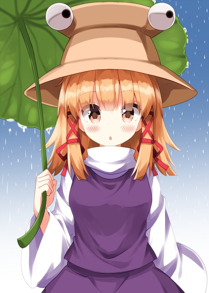 1girl :o blonde_hair blue_background blush brown_hat commentary gradient_background hair_ribbon hat highres holding holding_leaf leaf long_sleeves looking_at_viewer moriya_suwako open_mouth orange_eyes purple_skirt purple_vest rain red_ribbon ribbon ruu_(tksymkw) shirt short_hair sidelocks skirt skirt_set solo touhou turtleneck turtleneck_shirt upper_body vest white_shirt wide_sleeves