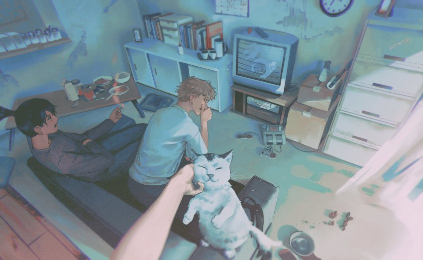 1girl 2boys absurdres black_hair black_shirt blonde_hair book bottle bowl box cabinet cardboard_box cat chabudai_(table) chainsaw_man cigarette clock controller couch covering_nose crt cup denji_(chainsaw_man) disembodied_hand earrings game_cartridge game_console game_controller glue hayakawa_aki highres holding holding_cigarette jam jar jewelry klegsart knife leaning_forward looking_at_object looking_at_viewer medium_hair meowy_(chainsaw_man) milk_carton multiple_boys muted_color on_couch open_mouth paint_roller pet_bowl petting picture_frame plate poop pov power_(chainsaw_man) remote_control shirt short_hair sitting smoke spoon spray_bottle stud_earrings table television topknot white_cat white_shirt