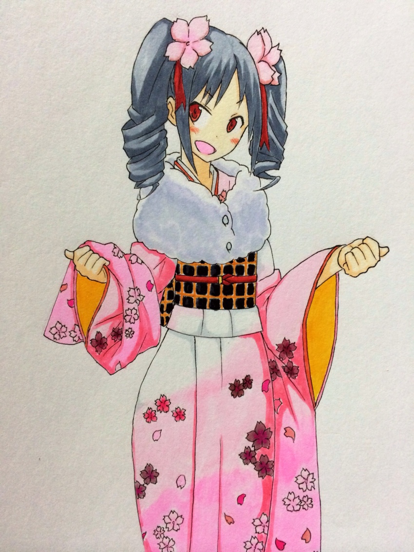 10s 1girl blush drill_hair female_focus flower fujioka_(azunxan) gradient_background highres idolmaster idolmaster_cinderella_girls japanese_clothes kanzaki_ranko long_sleeves obi open_mouth red_eyes sash silver_hair sleeves_past_wrists smile solo twintails