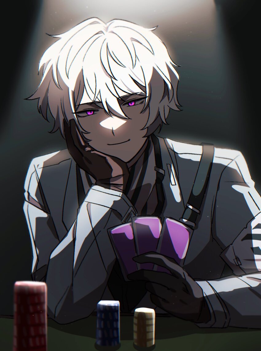 1boy black_gloves card eipenor gloves hair_between_eyes highres holding holding_card limbus_company looking_at_viewer male_focus poker_chip poker_table project_moon purple_eyes short_hair smile solo sonya_(project_moon) table white_hair