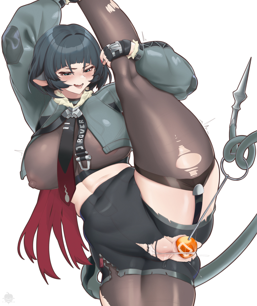1girl anal anal_beads animal_ears black_gloves black_hair blunt_bangs breasts commentary covered_erect_nipples english_commentary gloves green_eyes highres jacket jane_doe_(zenless_zone_zero) long_hair looking_at_viewer mouse_ears mouse_girl multicolored_hair pantyhose planterak_draws red_hair sex_toy sex_toy_pull shorts smile solo tail torn_clothes uncensored zenless_zone_zero