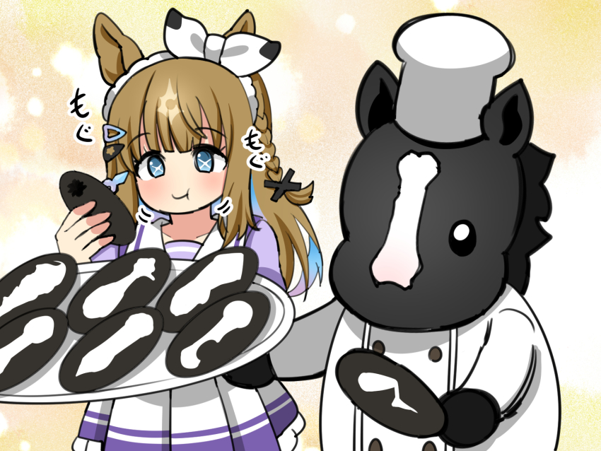 1girl :t almond_eye_(umamusume) animal animal_ears aramori_susumu black_ribbon blue_eyes blue_hair bow braid brown_hair chef chef_hat chibi clothed_animal colored_inner_hair cross-shaped_pupils eating eclair_(food) equinox_(racehorse) flat_top_chef_hat food hair_bow hair_ornament hair_ribbon hairclip hat highres holding holding_food holding_plate horse horse_ears horse_girl long_hair long_sleeves motion_lines multicolored_hair name_connection object_namesake plate pleated_skirt puffy_sleeves purple_hair purple_shirt real_life ribbon sailor_collar school_uniform shirt single_braid skirt summer_uniform symbol-shaped_pupils tracen_school_uniform umamusume white_background white_bow white_sailor_collar white_skirt