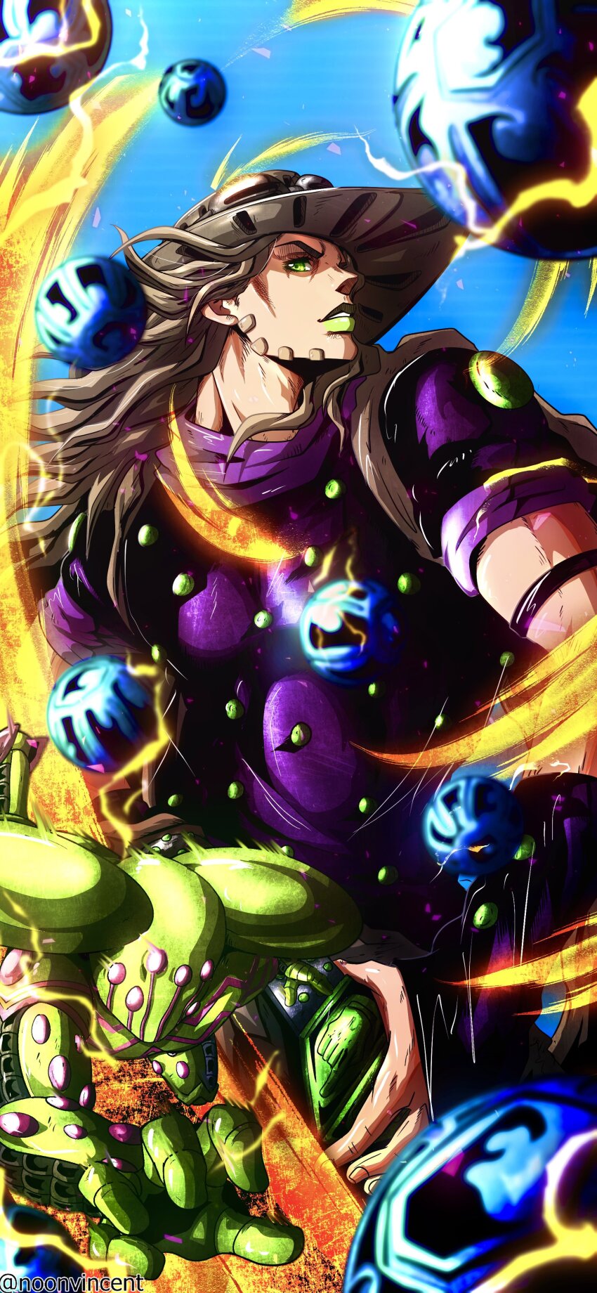 1boy 1other absurdres araki_hirohiko_(style) ball ball_breaker_(stand) beard belt_buckle bridal_gauntlets brown_hair brown_hat buckle colored_skin commentary cowboy_hat electricity english_commentary extra_eyes facial_hair green_eyes green_lips green_skin gyro_zeppeli hat highres jojo_no_kimyou_na_bouken long_hair makeup male_focus noonvincent pink_eyes purple_bridal_gauntlets purple_shirt shirt short_sleeves solo stand_(jojo) steel_ball_(jojo) steel_ball_run