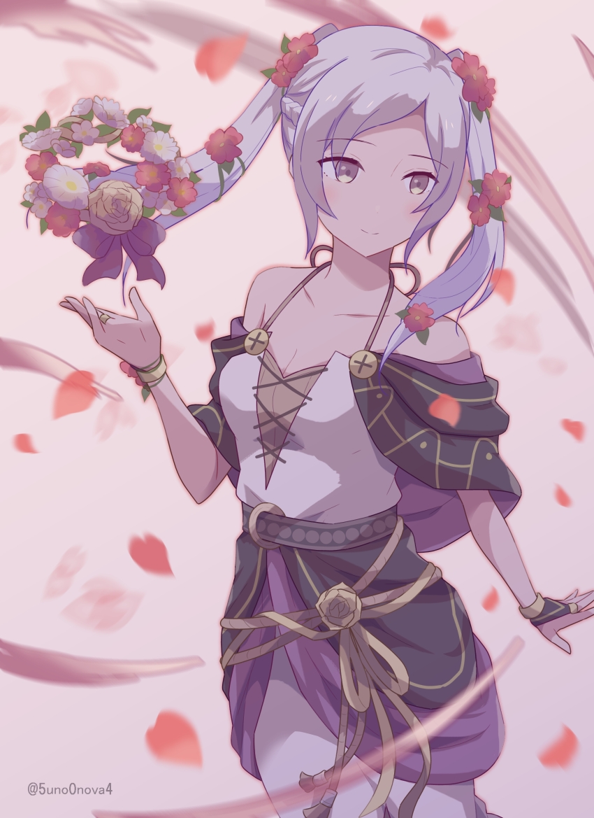 1girl 343rone absurdres arm_at_side bare_arms bare_shoulders breasts capelet cleavage collarbone dress falling_petals female_focus female_robin_(fire_emblem) fire_emblem fire_emblem_awakening fire_emblem_heroes flower flower_wreath hair_flower hair_ornament halterneck hand_up happy highres intelligent_systems long_dress long_hair looking_to_the_side medium_breasts neck nintendo no_bra off_shoulder official_alternate_costume parted_bangs petals female_robin_(valentine)_(fire_emblem) rope_belt sidelocks smile spaghetti_strap standing sundress twintails white_hair yellow_eyes
