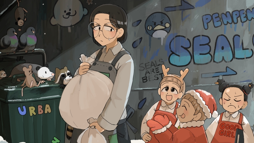 4girls :d absurdres apron bird black_hair bob_cut_twin_(diva) brown_hair commentary diva_(hyxpk) donut_stamp double_bun duck english_commentary fake_antlers frown glasses graffiti grey_apron hair_bun hat highres jacket mittens mouse_(animal) multiple_girls open_mouth opossum overalls pigeon red_jacket red_mittens red_overalls round_eyewear santa_hat shirt short_hair smile survey_girl_(diva) tanuki topknot_twin_(diva) trash_bag trash_can urban_area_keeper_(diva) white_shirt zoo zookeeper zookeepers_(diva)