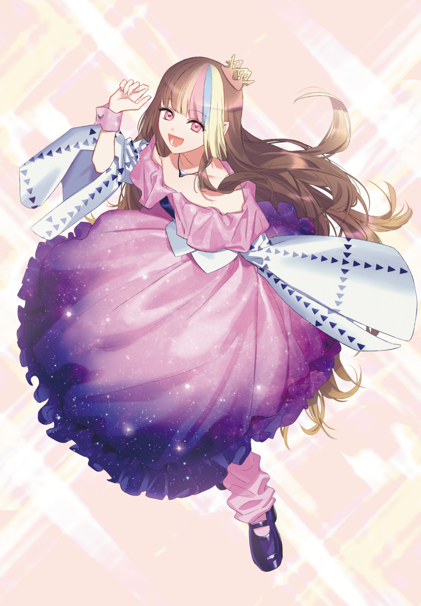 1girl :d bare_shoulders blonde_hair blue_hair brown_hair crown dress fujiwara_ryo_(wsise47) full_body galaco galaco_(white) highres jewelry long_hair looking_at_viewer loose_socks lower_teeth_only mary_janes mini_crown multicolored_hair necklace off-shoulder_dress off_shoulder official_art open_mouth pink_background pink_eyes pink_hair pink_socks shoes smile socks solo star_(symbol) star_print streaked_hair teeth very_long_hair vocaloid wrist_cuffs zip_available