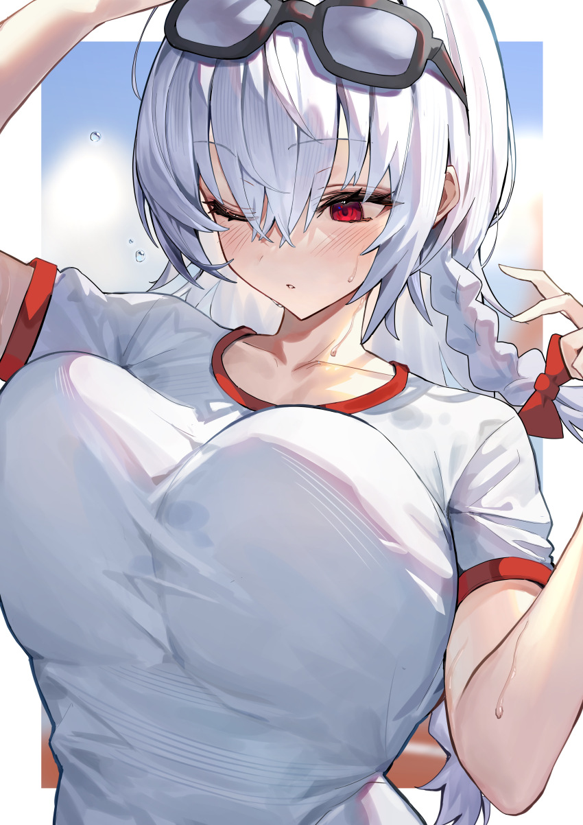 1girl absurdres blue_archive braid breasts eyewear_on_head grey_hair gym_shirt hair_between_eyes haruna_(blue_archive) haruna_(track)_(blue_archive) highres kabi_(zcwd8845) large_breasts long_hair official_alternate_costume one_eye_closed parted_lips red_eyes shirt short_sleeves side_braid solo upper_body white_shirt