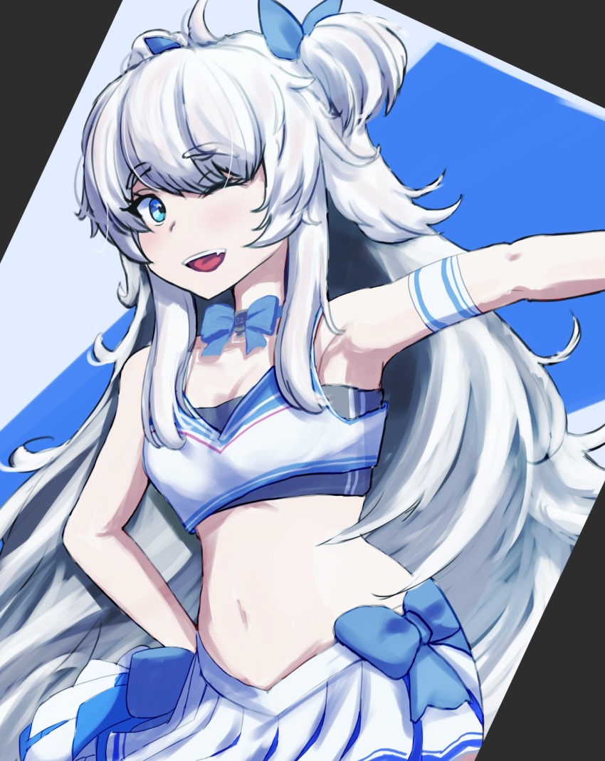 1girl black_sports_bra blue_bow blue_bowtie blue_eyes blue_ribbon blue_skirt blush bow bowtie breasts cheerleader cleavage crop_top goddess_of_victory:_nikke hair_ribbon highres kano_hoshi long_hair navel official_alternate_costume one_eye_closed open_mouth poli_(cheer_up_police)_(nikke) poli_(nikke) pom_pom_(cheerleading) ribbon short_twintails sidelocks skirt small_breasts solo sports_bra twintails two-tone_skirt very_long_hair wavy_hair white_hair white_skirt