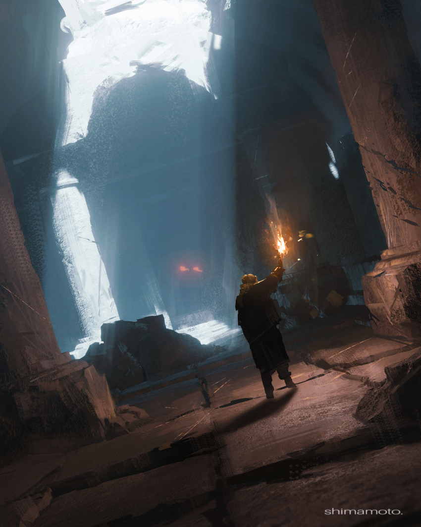 1other absurdres architecture arm_up artist_name beast column creature fantasy from_behind glowing glowing_eyes hidden highres holding holding_torch light_rays original pillar red_eyes ruins scenery shadow shimamoto torch walking
