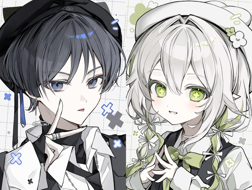 1boy 1girl alternate_costume beret black_hair black_hat black_necktie black_sleeves black_undershirt black_vest blunt_ends bow braid chain chain_around_neck chain_necklace collared_shirt contemporary cross-shaped_pupils curled_fingers double-parted_bangs genshin_impact green_bow green_eyes green_hair hair_between_eyes hair_intakes hair_ribbon hat jewelry layered_sleeves looking_at_viewer multicolored_hair nahida_(genshin_impact) necklace necktie nong_345 official_alternate_hairstyle own_hands_clasped own_hands_together parted_lips polar_opposites purple_eyes ribbon scaramouche_(genshin_impact) shirt sidelocks single_hair_intake smile streaked_hair symbol-shaped_pupils tongue tongue_out twin_braids undershirt v vest white_hair white_hat white_ribbon white_shirt white_sleeves