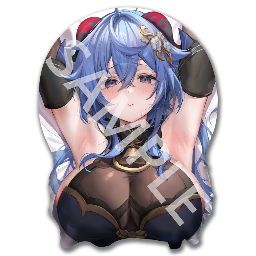 1girl armpits bell black_horns black_shirt blue_eyes blue_hair blush breast_mousepad breasts commentary_request crossed_bangs ganyu_(genshin_impact) ganyu_(twilight_blossom)_(genshin_impact) genshin_impact hair_between_eyes highres horns large_breasts long_hair mousepad_(medium) neck_bell presenting_armpit sample_watermark shirt solo sweat watermark zi_tong_zhi_lei
