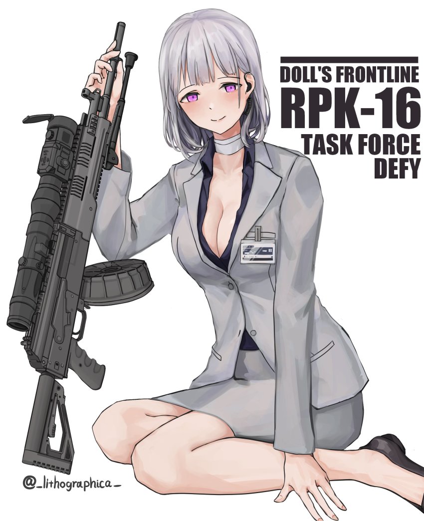 1girl absurdres bandaged_neck bandages bipod black_shoes blouse breasts character_name choke_(weapon) cleavage copyright_name drum_magazine duckbill_choke english_text extended_barrel formal_clothes girls&#039;_frontline grey_hair grey_jacket grey_skirt grey_suit gun highres holding holding_weapon id_card jacket large_breasts light_machine_gun lithographica long_sleeves machine_gun magazine_(weapon) open_clothes open_shirt pink_eyes purple_shirt rpk rpk-16 rpk-16_(girls&#039;_frontline) rpk-16_(renate)_(girls&#039;_frontline) scope shirt shoes simple_background sitting skirt smile solo suit twitter_username weapon white_background