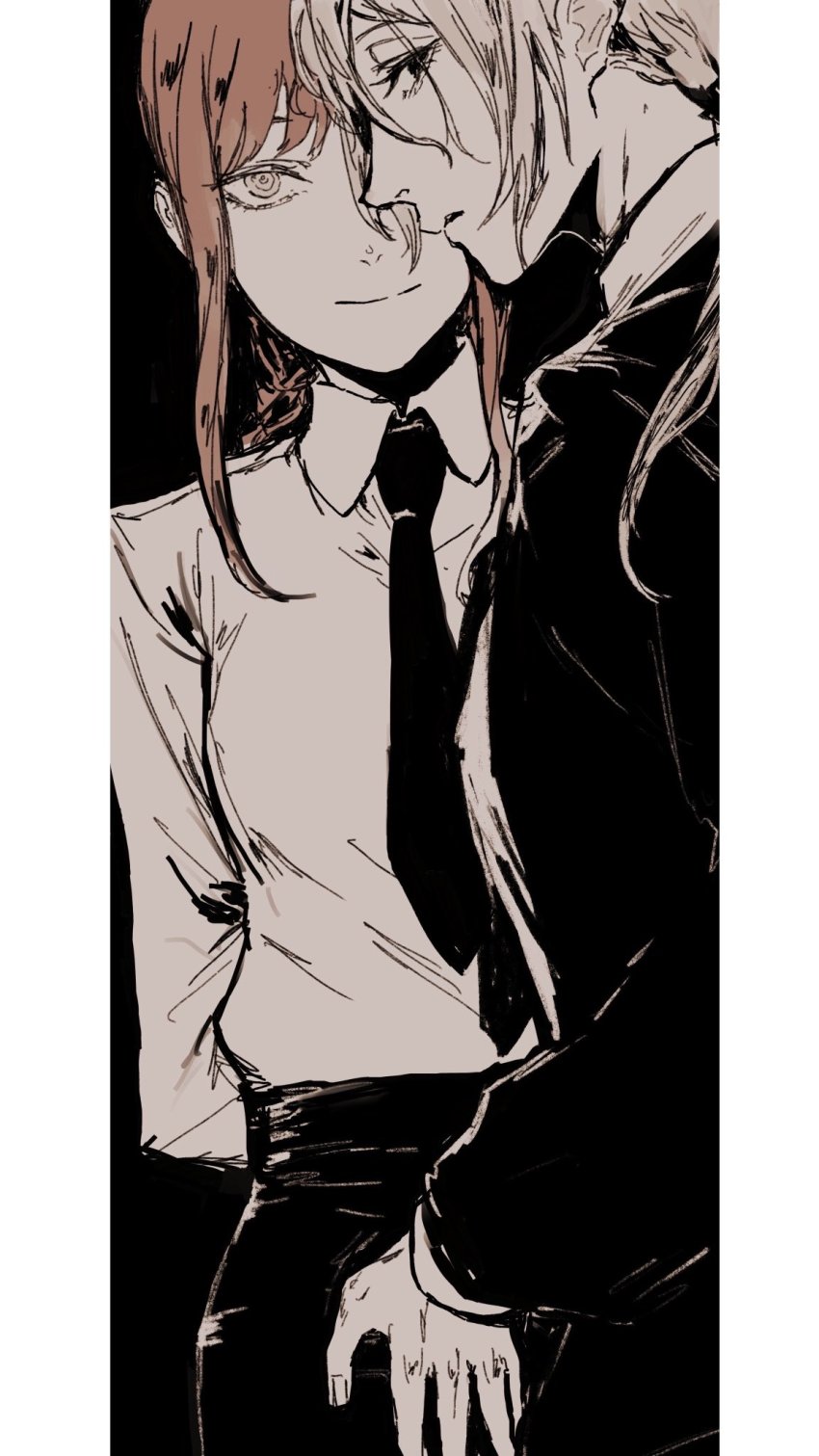 2girls arms_behind_back black_eyes black_pants black_suit braid braided_ponytail breasts brown_hair business_suit caress chainsaw_man collared_shirt couple eshaku_(asifu-coffee) expressionless eyepatch formal_clothes hand_on_another&#039;s_leg hand_on_another&#039;s_thigh high-waist_pants highres light_smile long_hair looking_at_viewer looking_to_the_side makima_(chainsaw_man) medium_breasts multiple_girls office_lady pants quanxi_(chainsaw_man) ringed_eyes shirt shirt_tucked_in silver_hair smile suit white_shirt yellow_eyes yuri