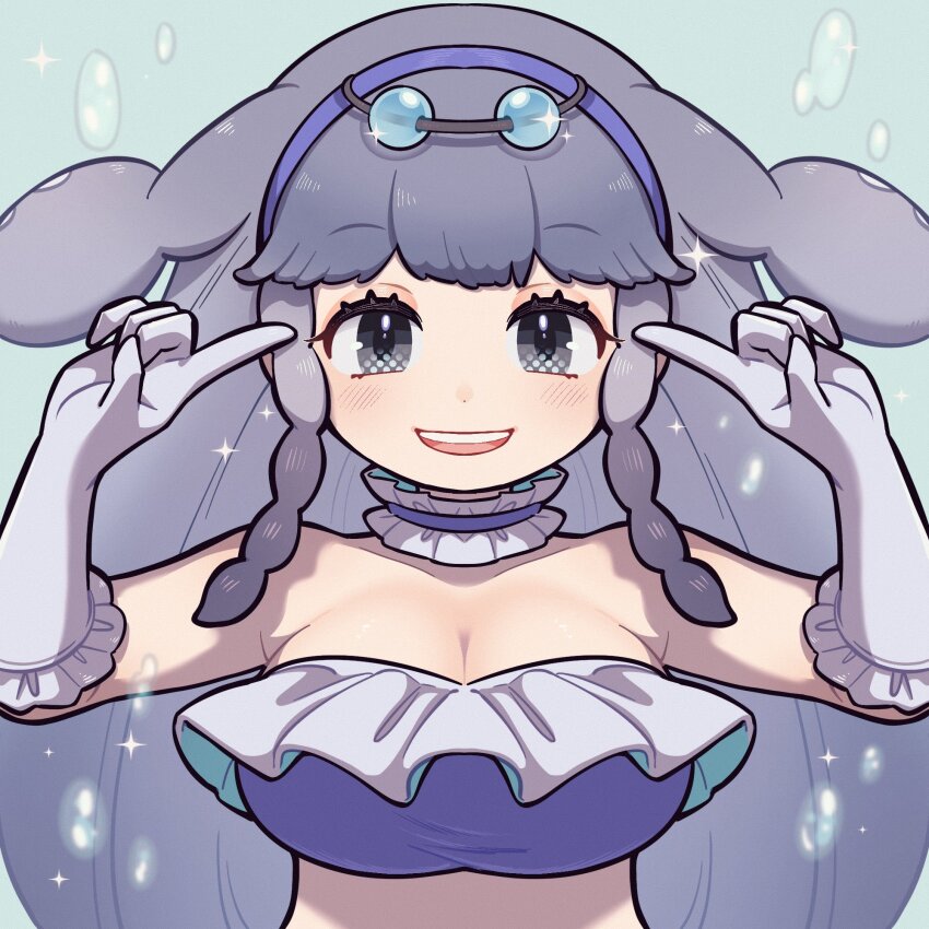 1girl american_manatee_(kemono_friends) an-chan_(ananna0315) bikini breasts cleavage elbow_gloves gloves grey_eyes grey_gloves grey_hair highres kemono_friends large_breasts long_hair looking_at_viewer open_mouth pointing pointing_at_self purple_bikini smile solo swimsuit teeth upper_body upper_teeth_only