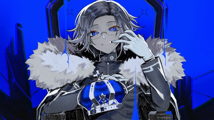 1boy adversarial_noise aotsuki_eito blue_background blue_eyes cape commentary crown finger_in_own_mouth flipped_hair fur-trimmed_cape fur_trim glasses gloves highres holding holding_crown king_(vocaloid) last_defense_academy_school_uniform limited_palette male_focus mouth_pull mystery_harp ringed_eyes school_uniform short_hair simple_background sitting_on_throne solo the_hundred_line_-last_defense_academy- throne unworn_crown white_gloves
