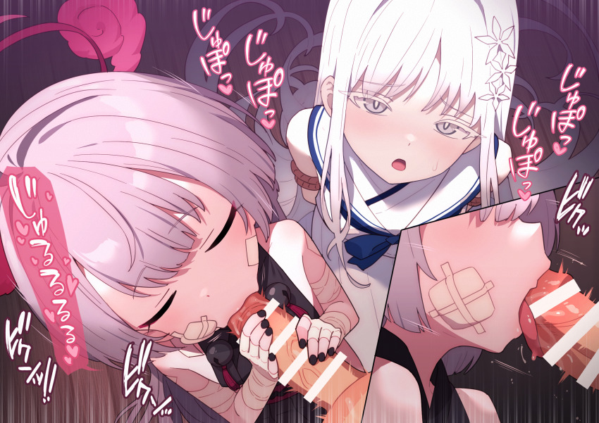 1boy 2girls bandaged_arm bandages bar_censor black_nails blue_archive censored commentary_request fellatio gauze gauze_on_cheek grey_eyes grey_hair halo hetero highres loli long_hair looking_at_viewer multiple_girls multiple_views nagusa_(blue_archive) nail_polish open_mouth oral paid_reward_available penis penis_grab pov pov_crotch purple_eyes purple_halo robo_mikan shuro_(blue_archive) sound_effects thick_eyelashes tongue tongue_out variant_set white_hair