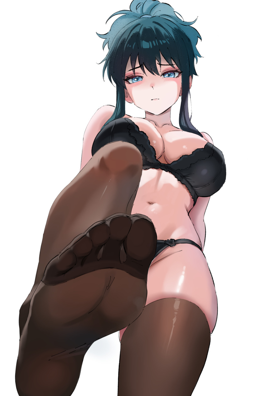 1girl absurdres blue_eyes blush bra feet highres long_hair looking_at_viewer panties pov rsal_dossaya see-through_clothes see-through_legwear soles thighhighs toes underwear