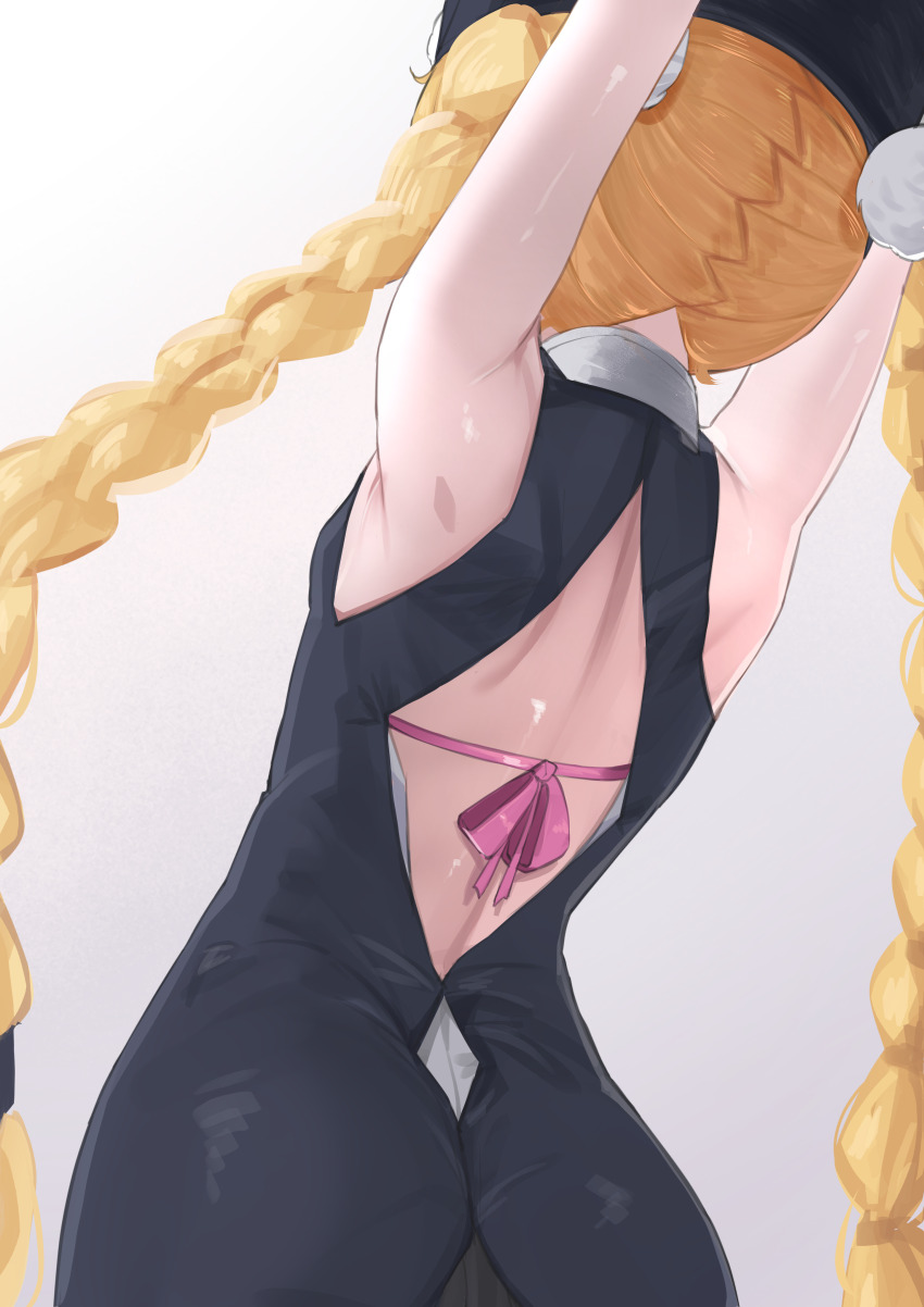 1girl absurdres arms_up back bare_shoulders blonde_hair braid clothing_cutout collar daebom facing_away from_behind girls&#039;_frontline hair_ornament hat highres jacket long_hair simple_background sleeveless solo sr-3mp_(girls&#039;_frontline) twin_braids