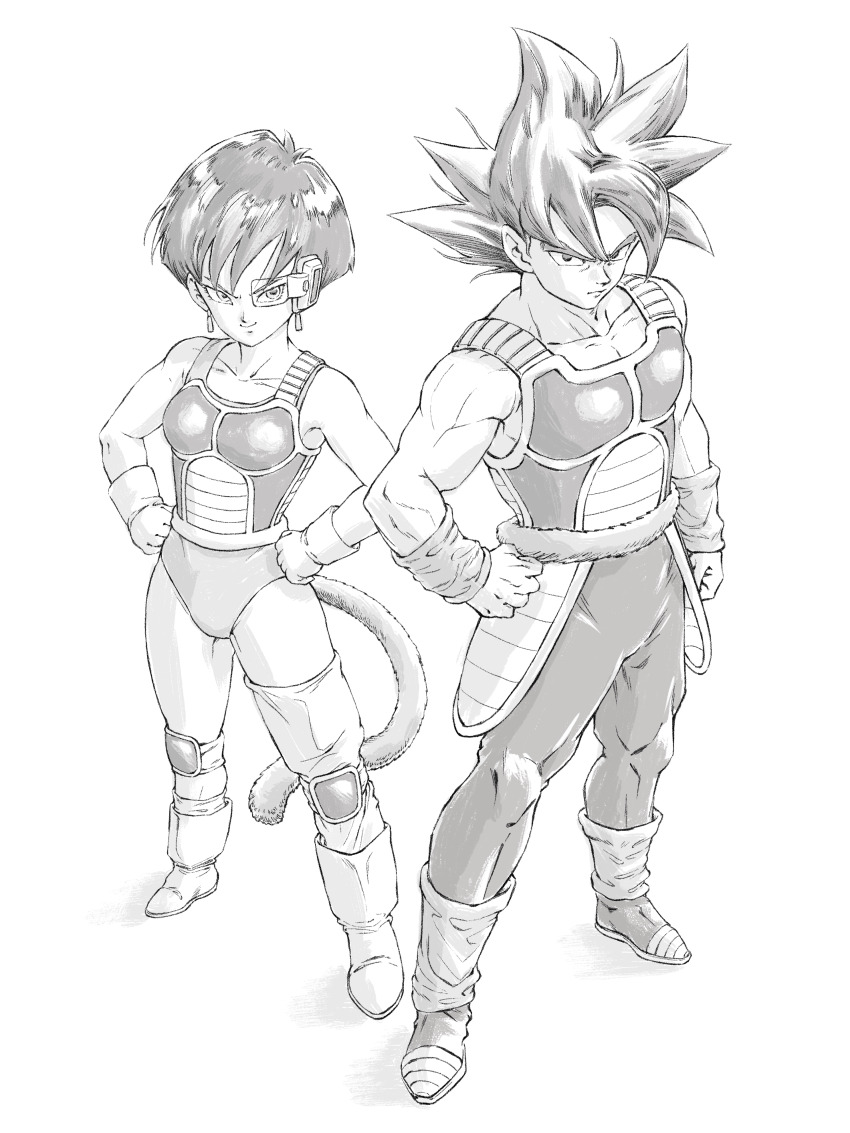 1boy 1girl absurdres arm_warmers bardock boots commentary_request cross_scar dragon_ball dragon_ball_minus dragonball_z earrings full_body gloves greyscale hands_on_own_hips highres jewelry knee_pads leggings leotard momo_oddeye monkey_boy monkey_girl monkey_tail monochrome muscular muscular_male saiyan saiyan_armor scar scouter seripa short_hair single_thighhigh spiked_hair tail tail_around_own_waist thighhighs white_background