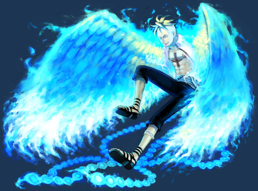 1boy blonde_hair blue_fire fiery_wings fire itsuki_(nightlight) male_focus marco_(one_piece) one_piece open_clothes open_shirt sandals shirt solo transformation wings