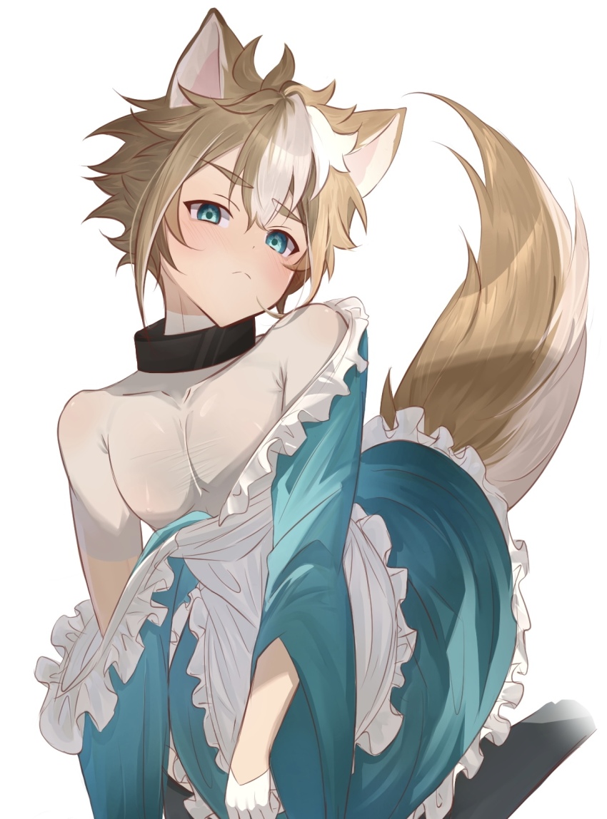 1boy animal_ears apron aqua_dress aqua_eyes blush brown_hair brown_tail closed_mouth dog_boy dog_ears dog_tail dress genshin_impact gorou_(genshin_impact) hair_between_eyes highres looking_at_viewer maid maid_apron male_focus multicolored_hair multicolored_tail narshiyu short_hair solo streaked_hair tail trap white_background white_hair white_tail
