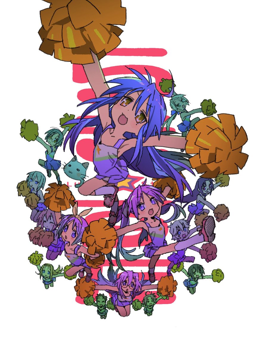 1boy 6+girls cheerleader crossdressing dress everyone highres hiiragi_kagami hiiragi_tsukasa imamura_ryou iwasaki_minami izumi_konata kobayakawa_yutaka kogami_akira kuroi_nanako kusakabe_misao long_hair lucky_star minegishi_ayano multiple_girls narumi_yui patricia_martin pom_pom_(cheerleading) shiraishi_minoru shoes short_hair simple_background sneakers socks takara_miyuki tamura_hiyori white_background white_legwear