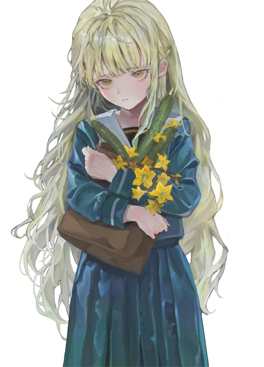 1girl absurdres bang_dream! bang_dream!_it&#039;s_mygo!!!!! blue_shirt blue_skirt commentary_request cucumber cucumber_flower green_hair hair_ornament hairclip highres long_hair long_sleeves looking_at_viewer neko_tenko pleated_skirt school_uniform shirt sidelocks simple_background skirt solo tsukinomori_school_uniform wakaba_mutsumi white_background yellow_eyes