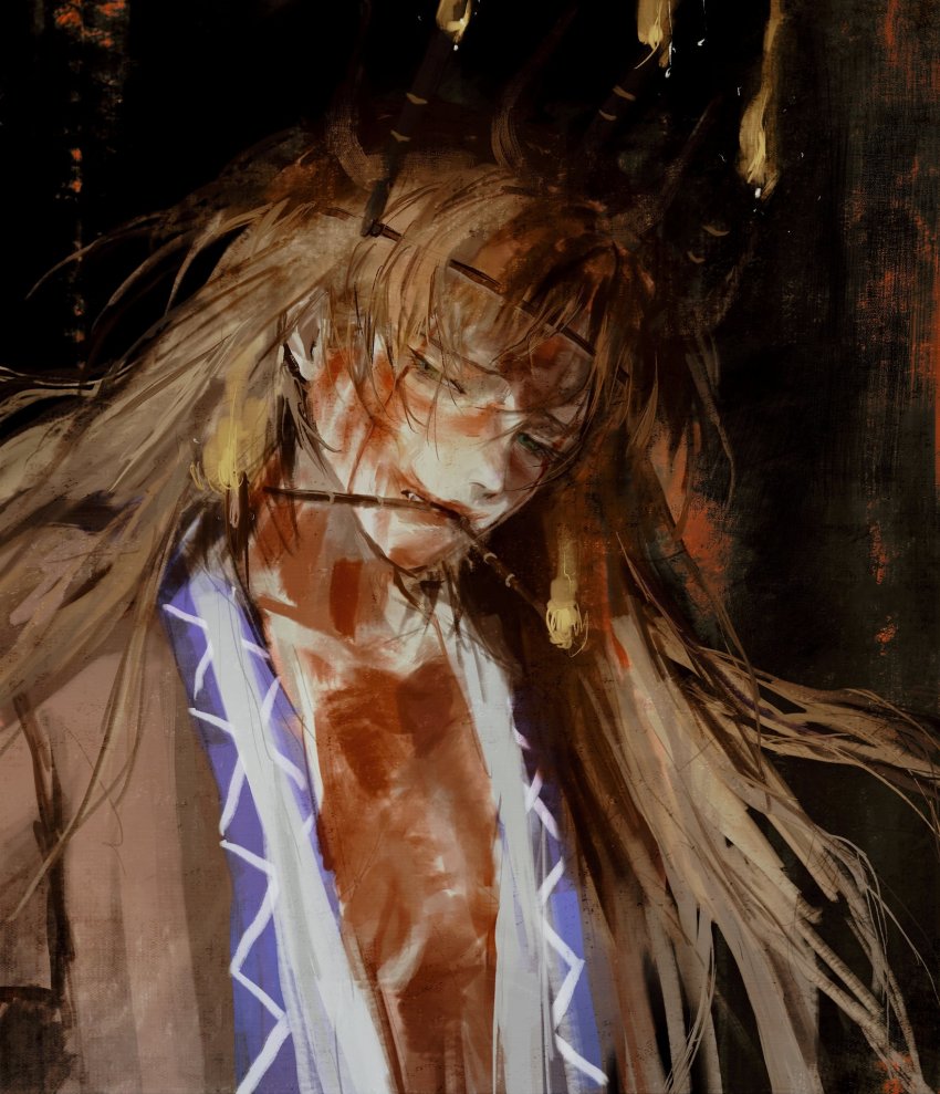 1girl alternate_hair_length alternate_hairstyle blonde_hair blood blood_on_chest blood_on_face brown_shirt candle fire fire green_eyes hashihime highres long_hair mizuhashi_parsee mouth_hold shirt solo touhou upper_body xbsx
