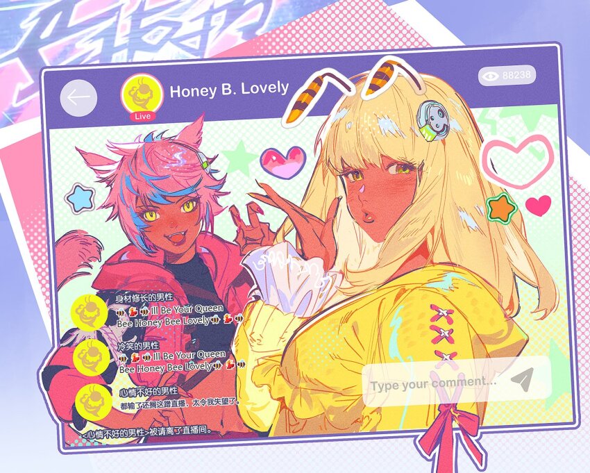 2girls :d animal_ears black_shirt blonde_hair blowing_kiss cat_ears cat_girl cat_tail commentary crop_top cropped_jacket dark-skinned_female dark_skin fangs final_fantasy final_fantasy_xiv fingernails green_eyes heart heterochromia hex_6shui honey_b._lovely hyur long_fingernails looking_at_viewer medium_hair miqo&#039;te multicolored_hair multiple_girls open_mouth pink_hair shirt short_hair slit_pupils smile streaked_hair symbol-only_commentary tail yaana_(ff14) yellow_eyes yellow_nails