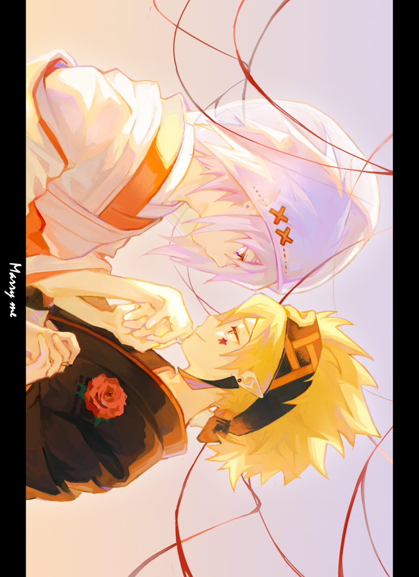 2boys aotu_world black_hairband black_headband black_kimono blonde_hair chuanhua commentary earrings english_commentary english_text facial_mark from_side godrose_(aotu_world) grey_(aotu_world) hairband headband highres hood hood_up japanese_clothes jewelry kimono letterboxed male_focus multiple_boys pink_eyes pointy_ears shiromuku short_hair sideways spiked_hair star_(symbol) star_facial_mark string string_of_fate uchikake wataboushi white_hair white_kimono yaoi yellow_eyes