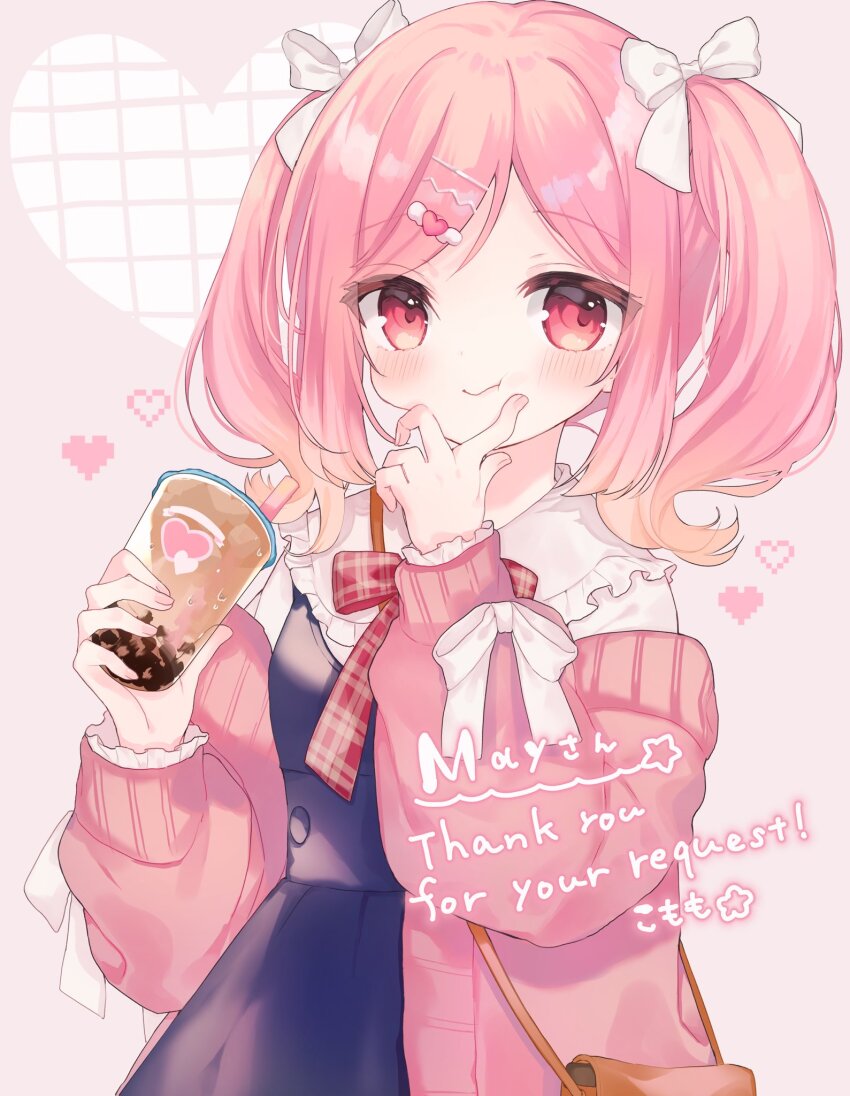 1girl bag blush bow cup dress drink drinking_straw frills hair_bow hair_ornament hairclip hand_on_own_chin heart highres holding holding_drink komomo_(2899) long_sleeves looking_at_viewer original pink_background pink_eyes pink_hair plaid red_eyes ribbon smile solo twintails